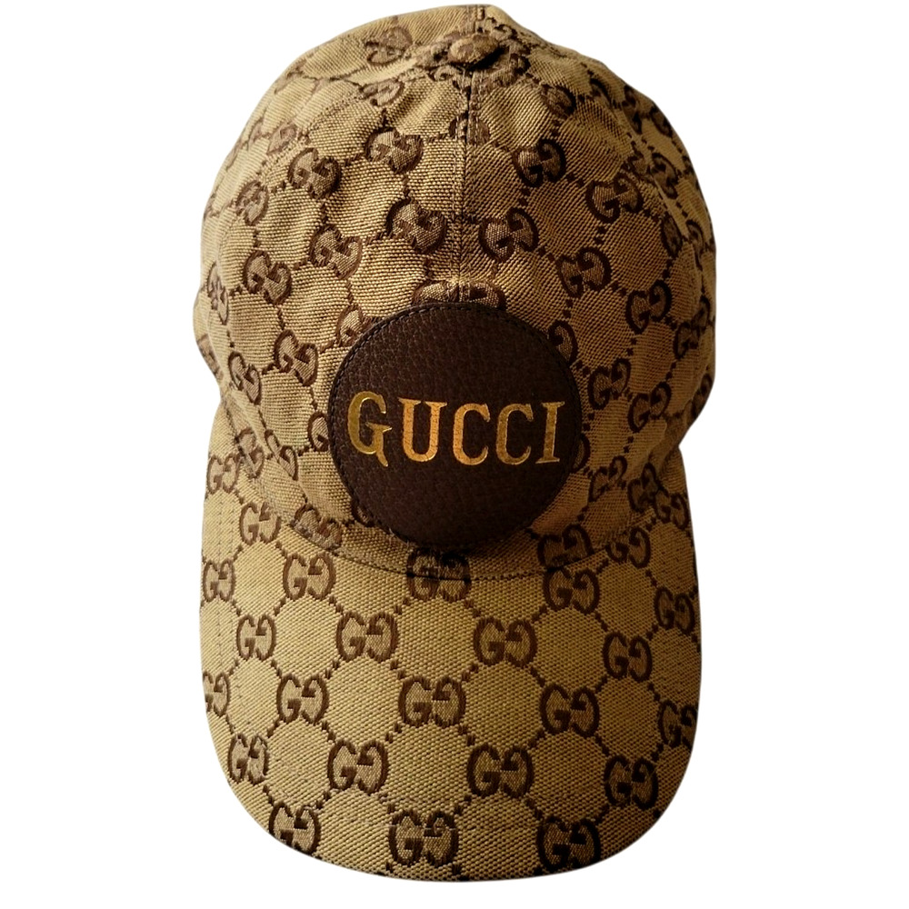 Rare GUCCI Baseball Cap GG Pattern Leather Logo Patch Size M (58 cm Adjustable)